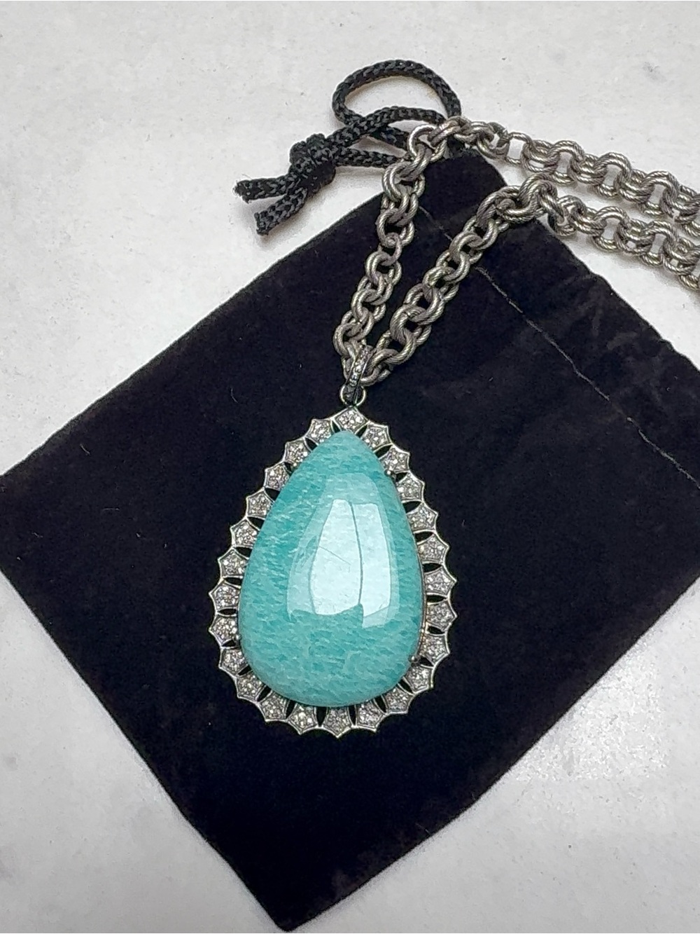 Pave Diamond Teardrop Gemstone Pendant Necklace